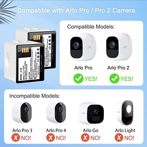 2- חבילה 2440mAh סוללה נטענת למצלמת Arlo Pro Arlo Pro 2, עם תחנת מטען סוללות USB כפולה של LCD