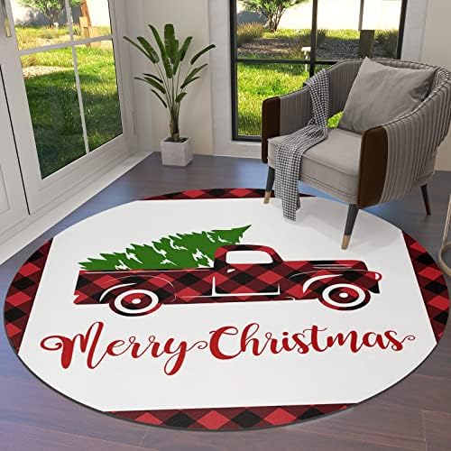 שטיח שטח עגול גדול לחדר שינה בסלון, שטיחים ללא החלקה 3ft לחדר לילדים, חג שמח אדום ושחור משובץ באפלו משובץ