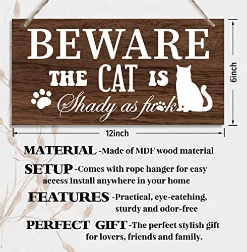 סימן עיצוב מעץ מצחיק, היזהר החתול מוצל, עיצוב לוח עץ מודפס, עיצוב קיר חתול, אמנות קיר עץ כפרי,