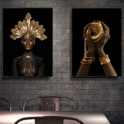 VIAYA 2 PCS אפריקני אמריקה אמנות קיר בד קנבס אישה שחורה דיוקן צילום עם מבטאי זהב שרשרת צמיד קיר פוסטר פוסטר מודרני