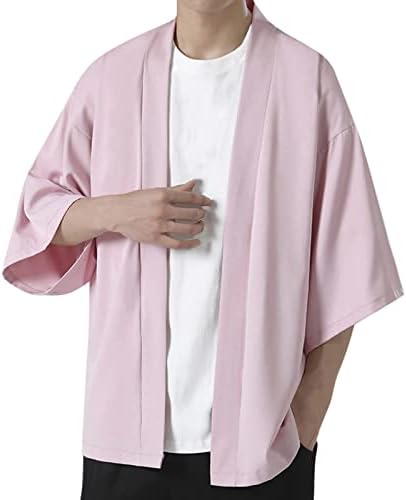 XXBR Kimono Cardigan יפני לגברים, קדמי פתוח רופף 3/4 שרוול קל משקל קל משקל אוקייו בצבע אחיד ז'קט מזדמן