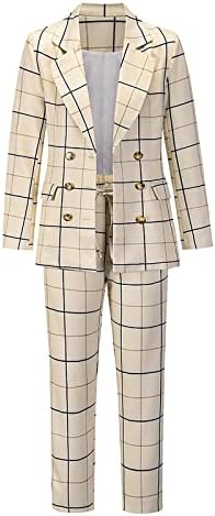 מעיל בלייזר נשים סטיות 2 חלקים קלים משקל קל משקל כיס שרוול ארוך רזה מתאים חליפות משובצות כפולות חזה ומכנסיים