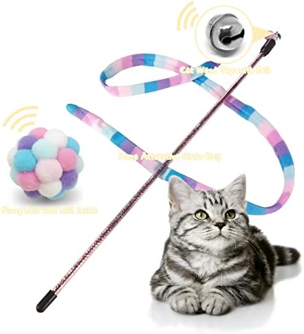 3 יחידות חתול צעצועים, אינטראקטיבי חתול שרביט צעצוע עם קשת פעמון פאזי כדור ואביב, חתול טיזר