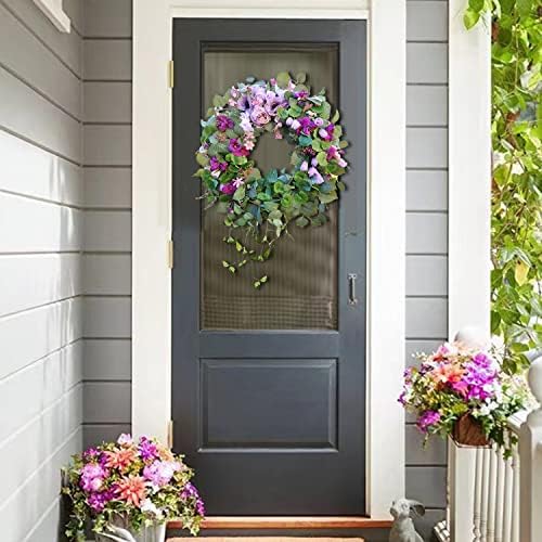 WANKANT-CUL 24 אינץ 'קפיצי אדמונית זר פרחוני לדלת הכניסה עם פרח צבעוני סגול לחתונה או לעיצוב הבית