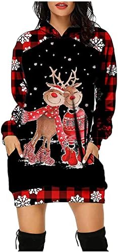 מיני שמלות לנשים של חג המולד סלעית סוודר טוניקת חולצות אופנה משובץ איילים הדפסת רופף מזדמן נים שמלות