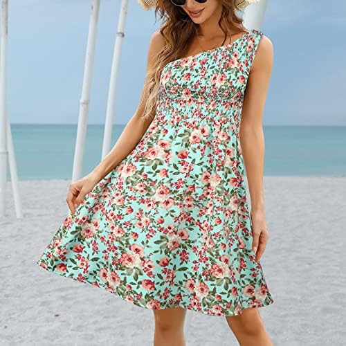 שמלה בתוספת גודל לנשים קיץ, חצאית חוף קיץ פרחים כתף אחת שמלה סטרפלס שמלה סטרפלס