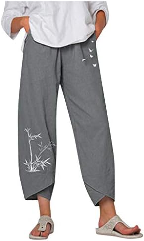 מכנסי פשתן של פירו לנשים פלוס יבול גודל יבול קיץ קיץ רגל רחבה ומותניים גבוהים מותניים אלסטיים קפריס עם כיסים