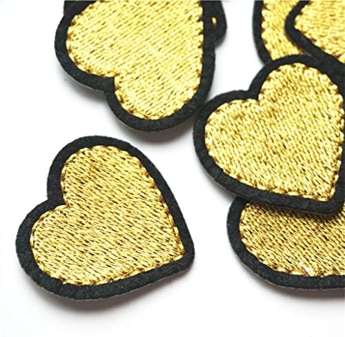 Xmtxzym 10pcs לבבות זהב בדים קצה שחור רקמה תפור ברזל על טלאים תגי לבגדים אפליקציות DIY קישוט מלאכה