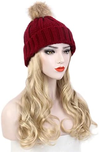 לרכוש אופנה אירופאי ואמריקאי גבירותיי שיער כובע אחד אדום סרוג כובע פאה ארוך מתולתל זהב פאה וכובע אחד