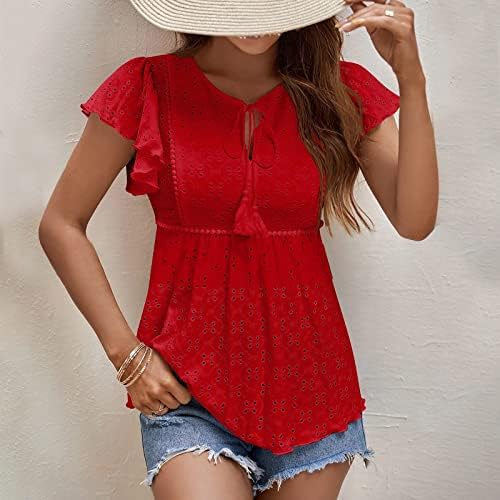 חולצת טריקו של נשים צמרות אופנה קיץ חלולה החוצה שרוולי פרע של ג'קארד צוואר עגול צוואר עגול חולצות