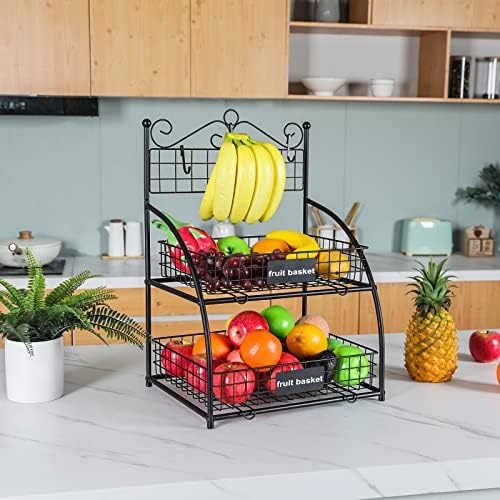סל פירות דו-שכבי למטבח, מחזיק וו קולב בננות ומעמד קערת אחסון פירות וירקות משטח שכב