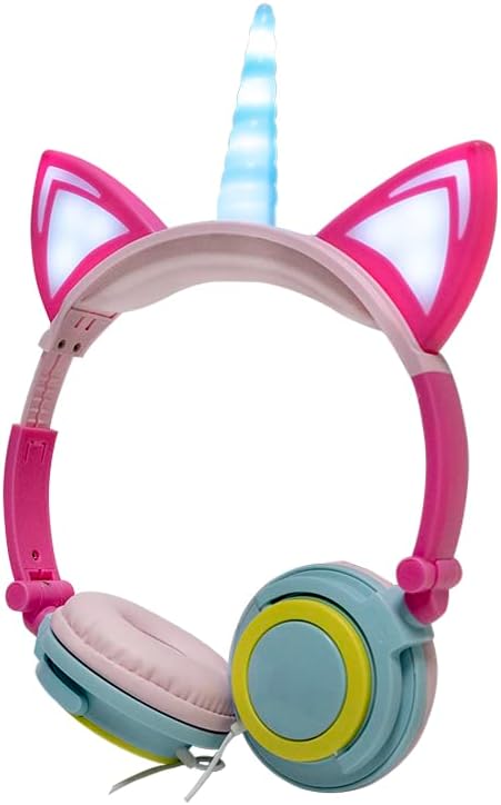Olyre Unicorn Childs אוזניות עם LED Light-Up, 35 ממ שקע מתקפל אוזניות חוטיות לילדים קוויות עם סרט