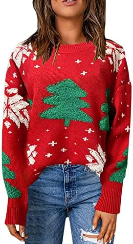 סוודרים לחג המולד שמח לנשים צוואר עגול עגול דפוס חג המולד של שרוול ארוך סוודר סוודר מזדמן יומי