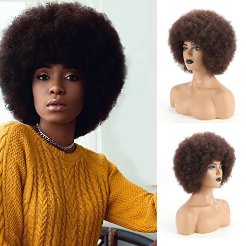 פאת אפרו נפוחה לנשים שחורות, פאות אפרו חומות בהירות שנות ה -70 שיער קופצני ורך למראה טבעי, פאה סינתטית קצרה אפרו