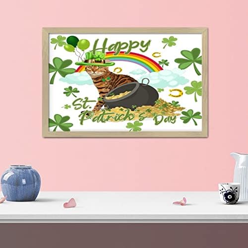 יום פטריק סנט פטריק חתול צבעי מים עם כובע קיר ממוסגר שלט שולחן שולחן שולחן עיצוב תלתן שמרוק מותאמים