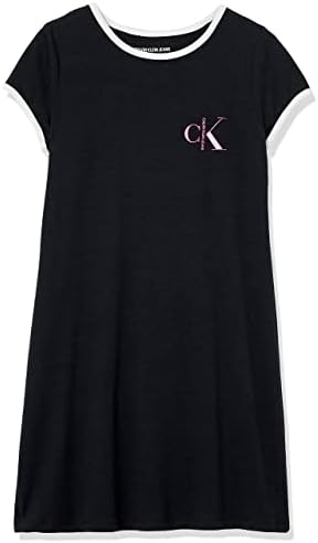 שמלת חולצת טריקו שרוול קצר של קלווין קליין, סגנון סוודר עם מחשוף צוואר צוות, פירוט לוגו