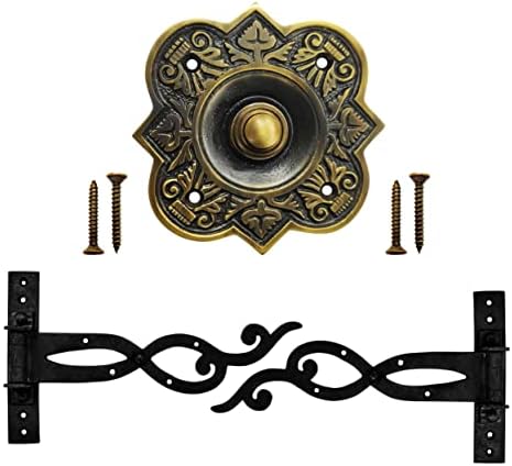 כפתור פעמון דלת Akatva עם סט ציר - 2 חתיכות צירי שער לגדרות עץ כבד - כפתור לחצן פעמון - כפתור פעמון