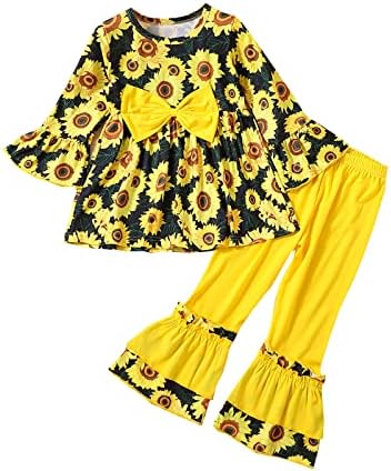 פעוטות בנות פעוטות שרוול ארוך הדפס פרח חמניות שרוול שחצוצרה עליון מכנסיים צהובים מכנסיים חליפות תלבושות לבנות