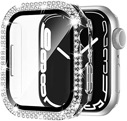 Adepoy עבור Apple Watch Series 7/8 41 ממ עם מגן מסך זכוכית מחוסמת, כפול בלינג קייס קריסטל יהלומי ריינסטון פגוש