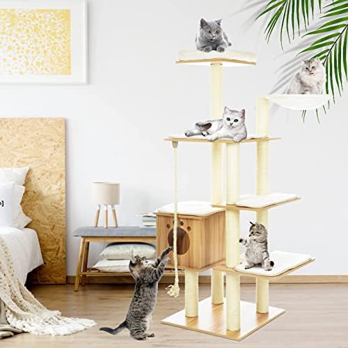 כמו מגדל עץ חתול גדול בגודל 69 אינץ ' לחתולים מקורה, עץ מודרני רב מפלסי מעמד טיפוס לחתולים, ריהוט דירה לחתול גבוה,