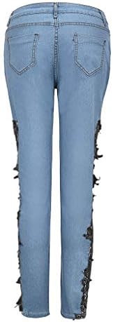 נשים מכנסיים מקרית נמתח ארוך ז 'אן מעיל לנשים תחרה חלול החוצה אפליקציות עיפרון פרחוני אופנה ג' ינס