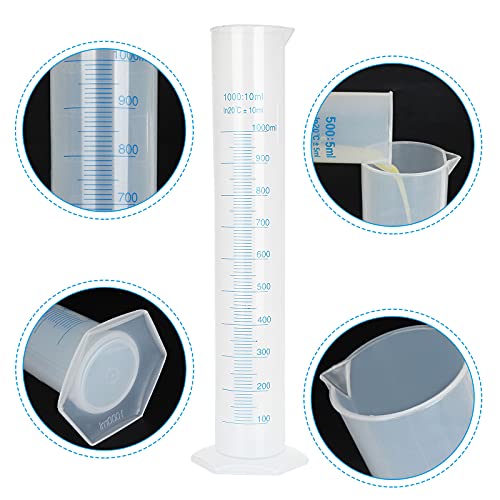 2 פאק 1000 מל צילינדר מדורגי פלסטיק, מערך צילינדר מדידה שקוף, בקבוק צינור מדידת מדע עם דו צדדי