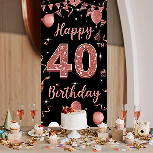 באנר דלת רקע ליום הולדת 40, קישוטי יום הולדת 40 שמחים נשים, זהב ורד שחור קישוט שלט כיסוי לדלת יום הולדת 40, אבזרי