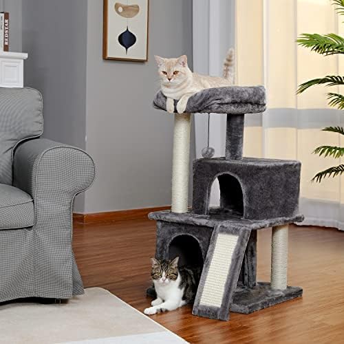 עץ חתול רב מפלסי למרג', מגדל חתולים בגודל 33.8 אינץ ' עם דירות כפולות, מוט מרווח, עמודי סיסל