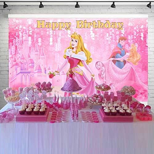 נסיכת אורורה ונסיך רקע שינה יופי מסיבת יום הולדת רקע גליטר ורוד טירה באנר עבור עוגת שולחן משתלת קישוטי 5 * 3 רגל