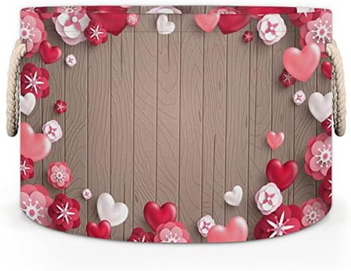 דפוס הלב של יום האהבה סלים עגולים גדולים לאחסון סלי כביסה עם ידיות סל אחסון שמיכה למדפי אמבטיה