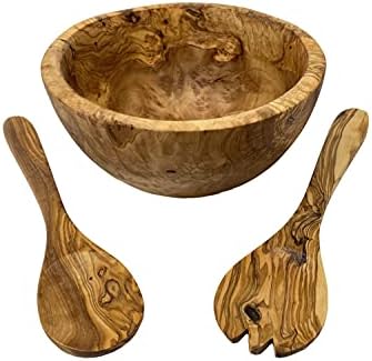 Aramedia עץ זית בעבודת יד המגיש קערת קצה כפרי לפירות או סלט עם כלי שרתים, 12 x 4 גדולים, סט 3 חלקים - בעבודת