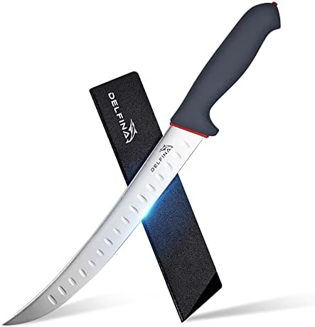 סכין שבירת דלפנה מעוקלת 10 אינץ 'w/ נדן וידית Softgrip, סכין שבירת קצבים לחיתוך בשר, פלדה יפנית
