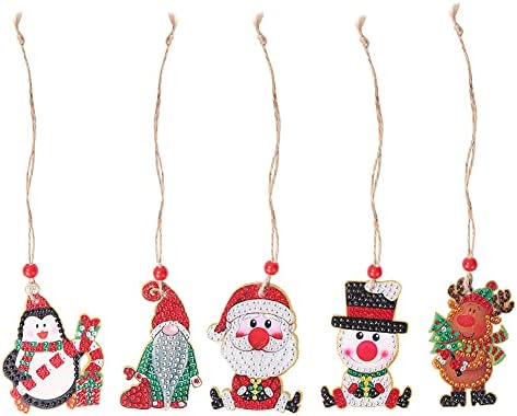 5 חבילות קישוטי עץ חג המולד עם ציור יהלום, קישוט מקדח מקדח תלוי DIY ציור יהלום אקרילי עץ חג המולד