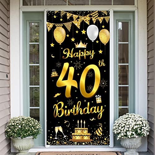 40 יום הולדת באנר, 40 יום הולדת שחור זהב מסיבת קישוטי רקע ודלת באנר לנשים,40 יום הולדת מסיבת קישוט עלה זהב בד