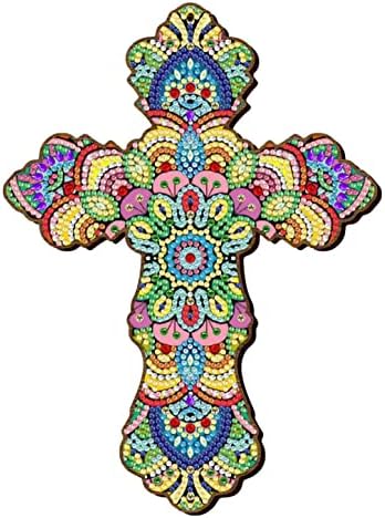 תליון עץ של ציור יהלומים - תליון צולב של ישו עם חרוזי יהלום בצבע גביש עם גביש, ציור אמנות יהלום DIY לקישוט