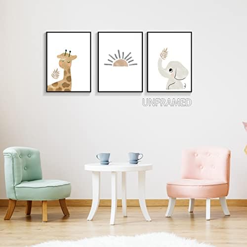 סט של 3 בוהו חמוד וודלנד חיות ג ' ירפה בד קיר אמנות צבעוני מינימליסטי תינוק משתלת שמש חדר אסתטי כרזות