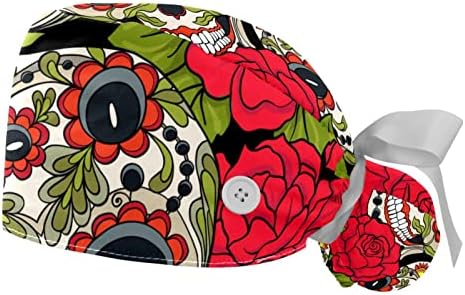 כובעי בופנט מכתים מתכווננים, 2 חבילות גולגולת פרחים אדומים דפוס כובע עבודה מצחיק כיסוי שיער עם כיס קוקו,