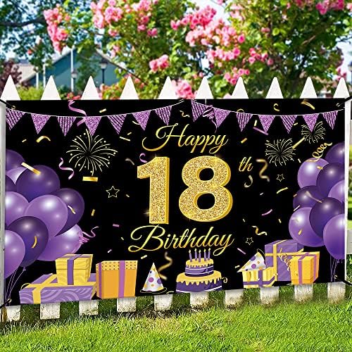 Wiipenex שמח יום הולדת 18 באנר תפאורת יום הולדת 70.86 x 43.3 סגול ושחור בנות בני 18 בנות בנות קישוטים ליום הולדת