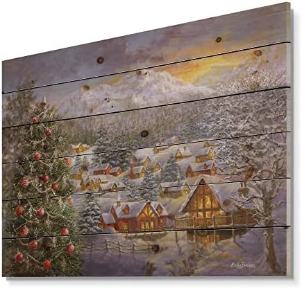 עיצוב Q עיירה הרים חורפית לחג המולד עם עץ חג המולד עיצוב קיר עץ מסורתי, אמנות קיר עץ אדום, נופים