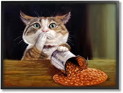 תעשיות סטופל נשפכו את השעועית החתול ההומוריסטית ציור בעלי חיים ממוסגרת אמנות קיר, עיצוב מאת לוסיה הפפרנן