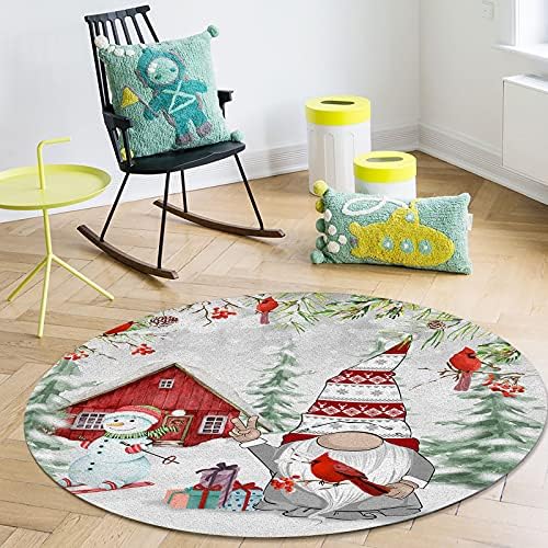 שטיח שטח עגול גדול לחדר שינה בסלון, שטיחים 5ft ללא החלקה לחדר ילדים, גנום חג המולד וציפור קרדינל