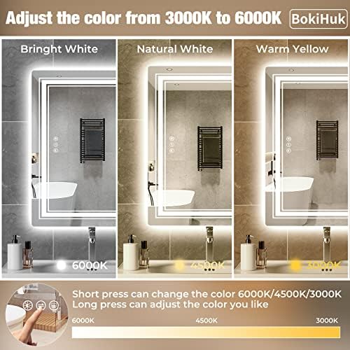 מראה חדר אמבטיה של Bokihuk LED, מראה איפור יהירות מואר בקיר 36x28 אינץ