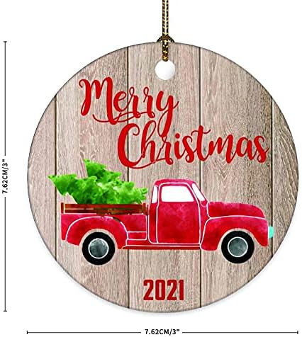 חג שמח 2021 קישוטי קרמיקה מזכרות מכונית אדומה עם גג עץ חג המולד 3x3 אינץ
