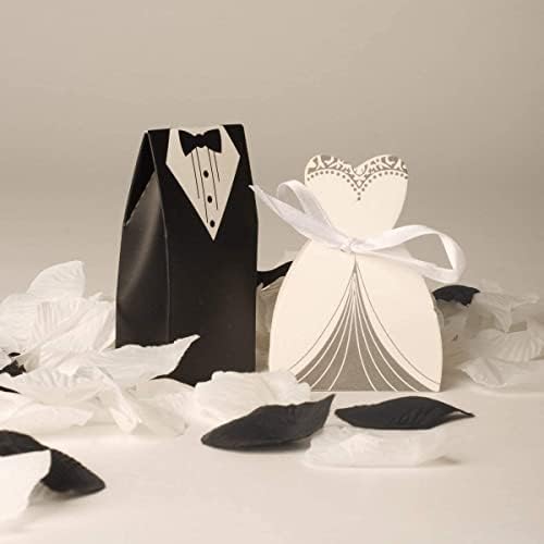 Shatchi 10ps כל אחד) חתן וחתן ממתקי ממתקים מתנה קופסאות טובות עם סרט לקישוטים למסיבות חתונה, לבן/שחור
