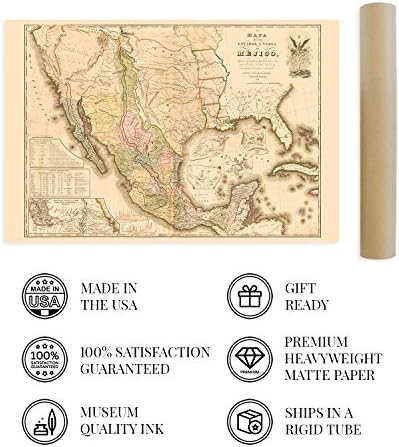 היסטוריה וינטג '1847 מפת מקסיקו פוסטר-מפת וינטג' בגודל 24 על 36 אינץ 'של מדינות מקסיקו-מפה דה מקסיקו