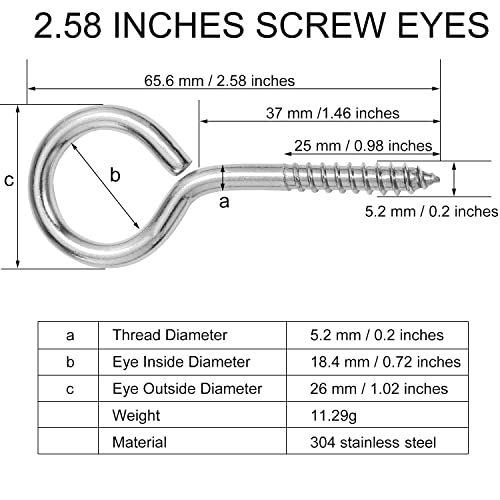 בורג עיניים בגודל 2.5 אינץ ' 10 יחידות 4.2 על 26 על 65 ממ ווי עיניים מנירוסטה כבדים, בורג עין