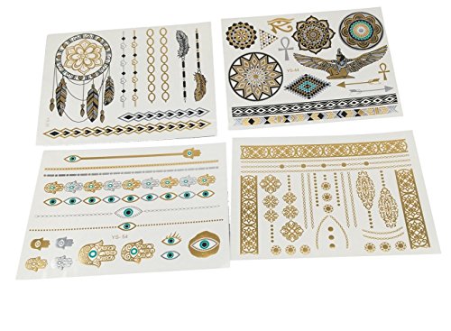 יוטון 9 גיליונות של זהב מתכתי, כסף ורב -צבעי קעקועים מהבהבים זמניים - מדבקה ללבוש זמנית נשלפת חד פעמית למדבקה ללבוש