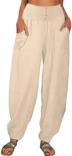 נשים של פשתן מכנסיים קיץ מזדמן רחב רגל מכנסיים רופף קפלי כפתור למטה גבוהה מותן מכנסיים עם כיסים