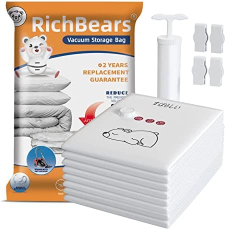 שקיות אחסון ואקום של Richbears, 8 שקיות שומר שטח קטנות למאפשרות שמיכות בגדים כריות מצעי מצע עם משאבת יד