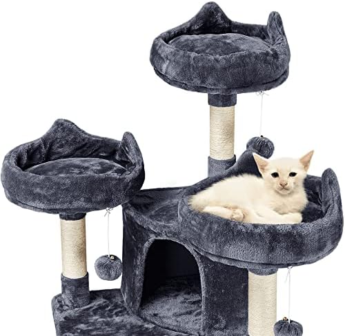 מסגרת טיפוס על חתולים, כדור תלוי ， מתלה חתולים מגדל קטיף עץ חתול גדול עם מערות פלטפורמות דירות לוח גירוד, אפור
